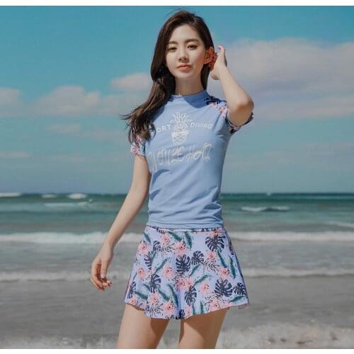 2020 Floral Print Short Sleeve Swimsuit Boxer Skirt Hot Spring Swimming Suit for Women 2 Piece Set Bathing Suit Sexy Beach Wear