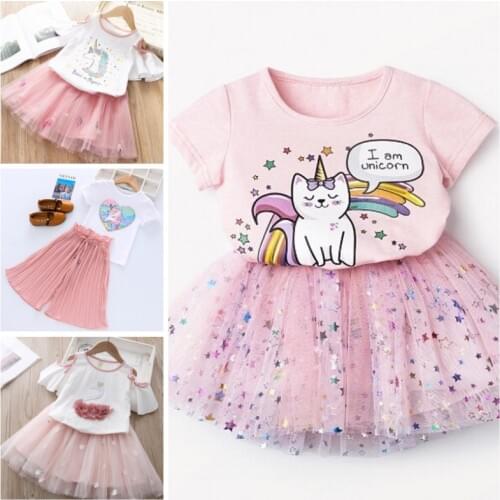 2021 Summer girls suit girls short sleeve Kitten top and mesh skirt two piece set Ball Gown Dress 2pcs Clothing Sets 2-7Y