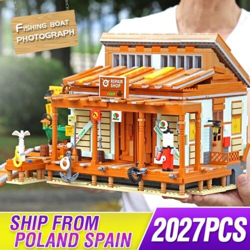 2027PCS MOC Streetview Building Blocks The Shipyard Old Finshing Store Model Assembly Brick Kids Educational Toys Christmas Gift