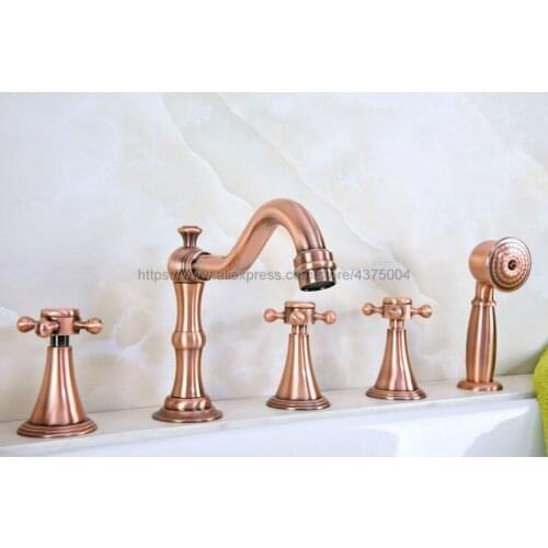 Antique Red Copper Bathroom Bathtub Faucet Deck Mount 3 handle 5 hole Bath Mixer Taps with Handheld Shower Ntf216