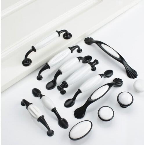 1PC Black White Ceramic Door Handles Country Style Drawer Pulls Knob For Kitchen Cabinet Handles and Knobs Furniture Handles
