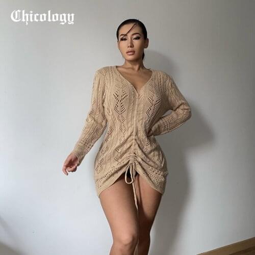 Chicology 2021 Summer Autumn Hollow Out Dress Deep V Neck Long Sleeve Drawstring Mini Casual Loose Sweater Fashion Dress