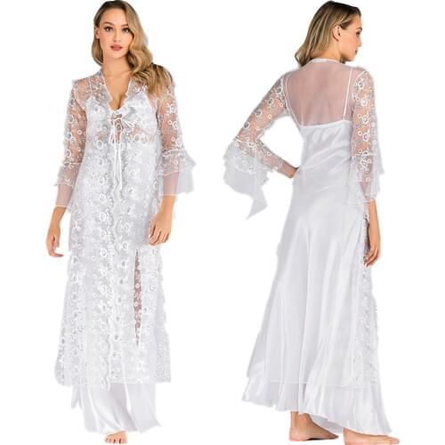 2 Pieces Women Transparent Lace Robes Kimono Satin Sleepwear Pyjamas Silk Nightgown Bride Wedding Robe Nightdress Bathrobe Home