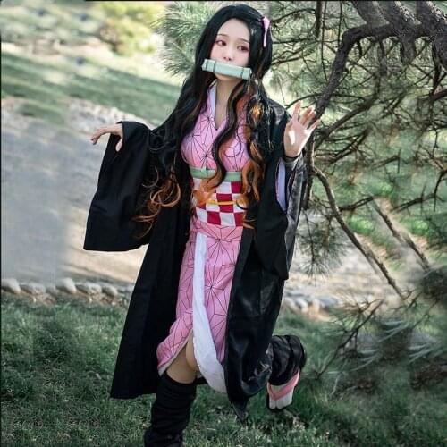 7pcs Anime Demon Slayer Kamado Nezuko Cosplay Costumes Kimetsu Pink Kimono Halloween Costumes For Women Girls C100K192