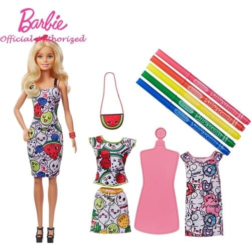 Barbie DIY Kid Doll Toys Printing 3 Clothes By Self Crayola Color In Fashion Barbie Doll Blonde Princess For New Years Gift