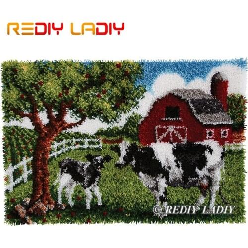 Latch Hook Kits Make Your Own Rug Farm Cow Scenery Crochet Cushion Mat DIY Carpet Rug Acrylic Yarn Printed Canvas Hobby & Crafts