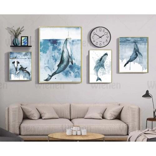 Nordic Style Whale Canvas Painting Watercolor Sea Animals Posters and Prints for Living Room Wall Art Home Decorative Picture