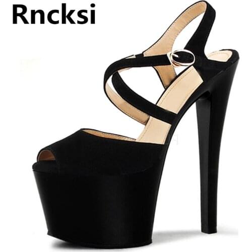 Rncksi Black Women Wedding Party Sexy Straps 17cm High Heels Sandals Open Toe Sexy Platform Pole Dance Party Dress Sandals