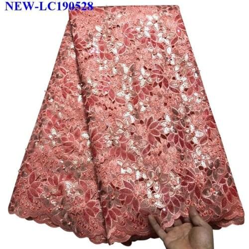 Luxury African Lace Fabric High Quality French Tulle Lace Fabric 2019 Peach color Sequins Lace Fabric For Party Dress XSW03