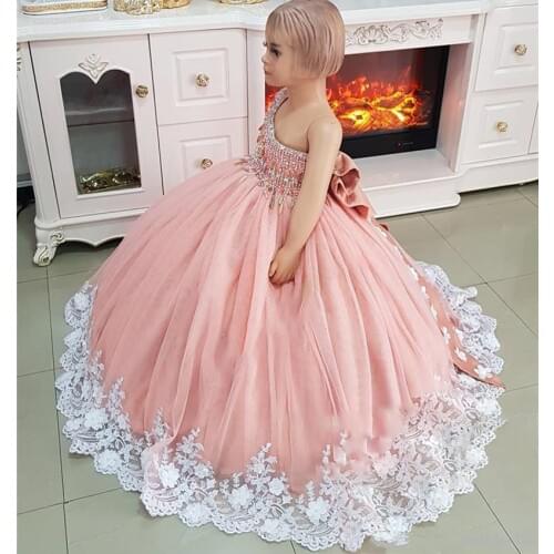 Luxury Crystals Girls Pageant Dresses Ball Gown 3D Floral Crystals Toddler Infant Clothes Little Girls Birthday Gown with Bow