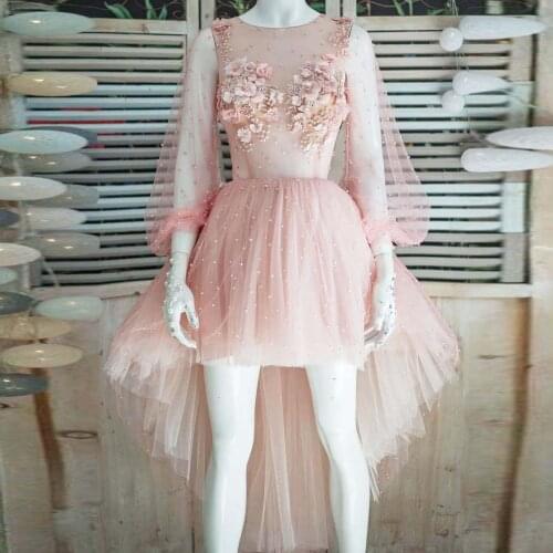 Pink Sexy Elegant Casual Women Dress See Thru Flowers Pearls Tulle High Low Party Dress Plus Size Photography Dress Custom Made