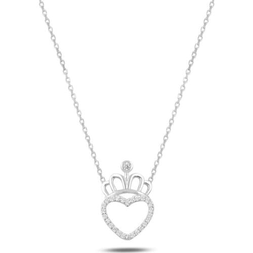 Silverlina Silver Heart & Crown Zircon Cubic Zirconia Necklace