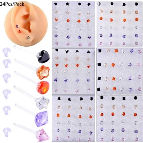 24Pcs/pack Bioplast Flexible Lobe Earrings Hypoallergenic Plastic Star Heart Zircon Ear Tragus Helix Cartilage Piercing Lip Stud