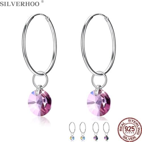 SILVERHOO 925 Sterling Silver Drop Earrings For Women Circle Austria Crystal Earrings Party Exquisite Jewelry Simple Gift New