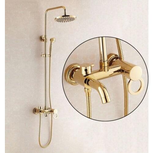 Shower Faucets Gold Brass Bathroom Shower Mixer Tap Faucet Set Rain Shower Head Round Wall Mounted Bathtub Faucet