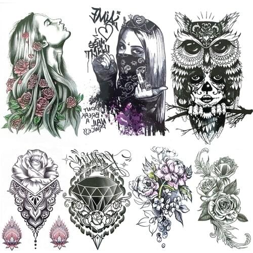 Gangster Fake Temporary Tattoos For Women Harajuku Diamond Lotus Tattoo Owl Death skull Lace Peony Flower Waterproof Tatoo Waist