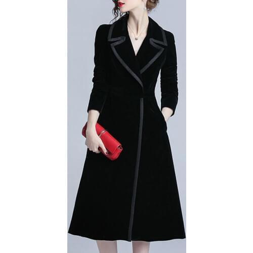 New arrival women fashion comfortable velvet trench coat professional OL temperament solid girls warm outdoor long black trench