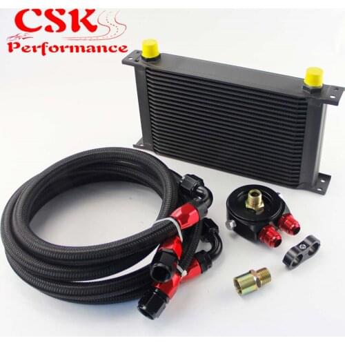 22 Row 248mm AN10 Universal Engine Transmission Oil Cooler British Type + Aluminum Filter Hose End Kit Silver/Blue/Black