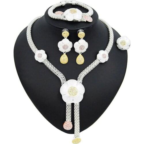 Yulaili Silver-color Romantic Flower Shape Crystal Necklace Earrings Bracelet Ring Wedding Bridal Jewelry Sets Free Shipping