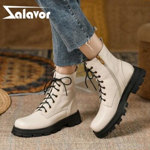 Zalavor Genuine Leather Women Shoes Ankle Boots Low Heels Lace Up Fashion Winter Short Boot Cool Ladies Footwear Size 34-40