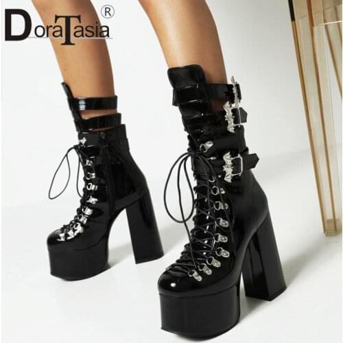 Big Size 35-46 Brand New Female Vampire Bat Buckle Thick High Heels Boots Fashion Lace-up Platform Boots Women Party Shoes Woman