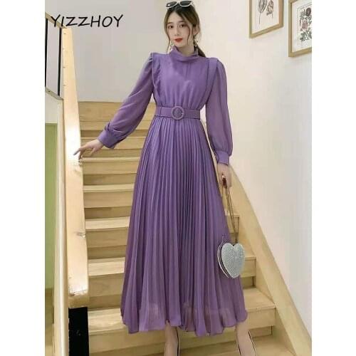 YIZZHOY Spring Autumn Female Vintage High Waist Solid Color Dress Women Elegant Half High Collar Pleated Dresses with Belt