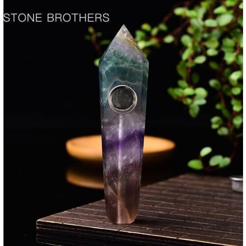 1PC Natural Colorful Fluorite Quartz Crystal Tube With Carb Wand Healing Crystal Point Smoking Pipe Home Decor Decoration Crafts