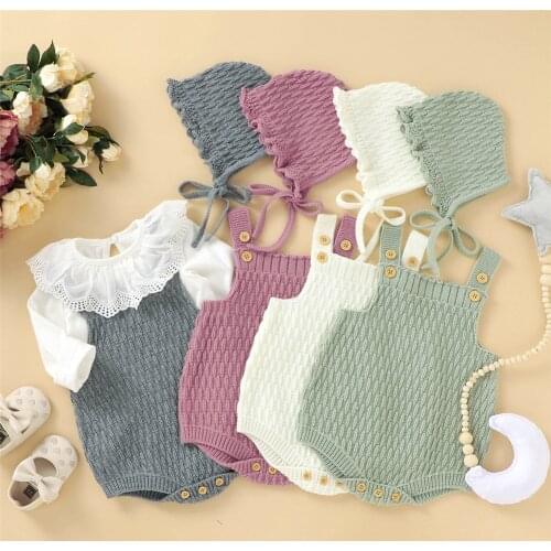2Pcs Set Baby Knitted Romper Clothes Set Cotton Triangle Crotch Button One-Piece Jumpsuit+Hats Toddler Baby Boys Girls Outfits