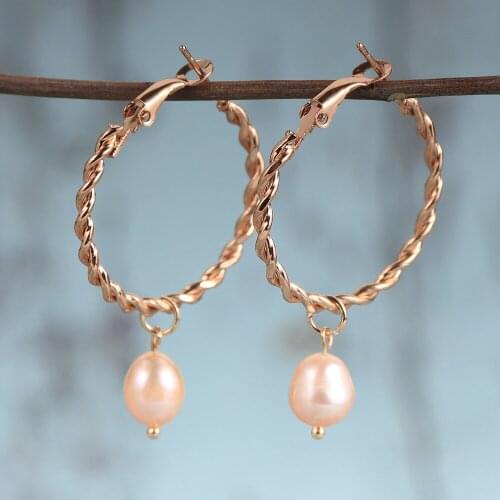 2020 Fashion Big Geometric Round Hoop Earrings For Women Natural Freshwater Pearl Earring Hoops Gold Copper Earring Loop