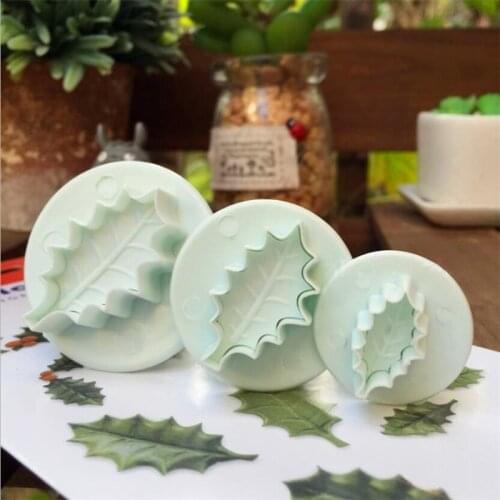 3 Pc/Set 3D Christmas Holly Leaf Leaves Cookie Plunger Cutter Fondant Sugarcraft Mold Cake Decoration Mould Baking Tools