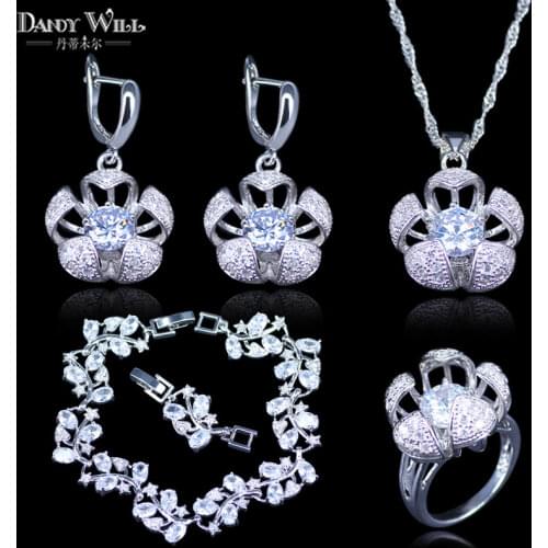 3D Flower Design Women White Zircon Silver Color Mark Jewelry Sets Bracelets Pendant Necklace Rings Earrings With Stones Set