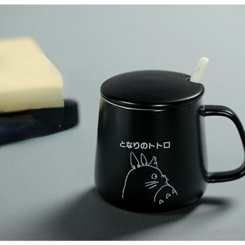 401-500ml Microwavable Totoro Cute Black White Kawaii Ins Ceramic Cup Student Korean Style Mug with Lid and Spoon Coffee Cup