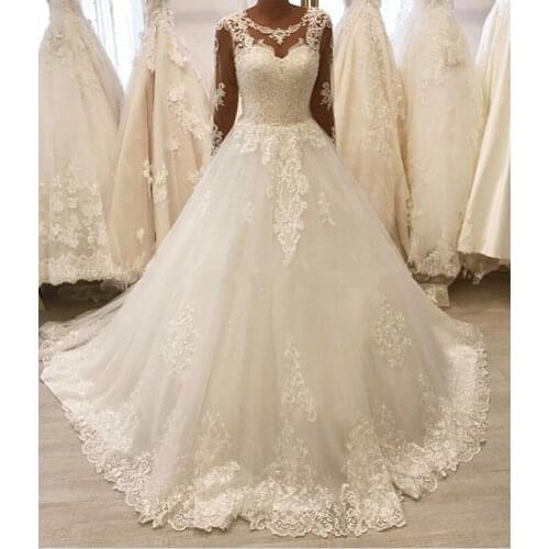 Princess Ball Gown Wedding Dresses With Long Sleeves Illusion Bodice Romantic Robe De Mariée Lace Appliques Wedding Gowns New