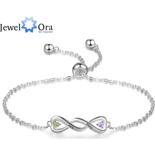 JewelOra Personalized Engraving Name Infinity Bracelets for Women Custom 2 Birthstones Adjustable Chain Bracelet Valentine Gift