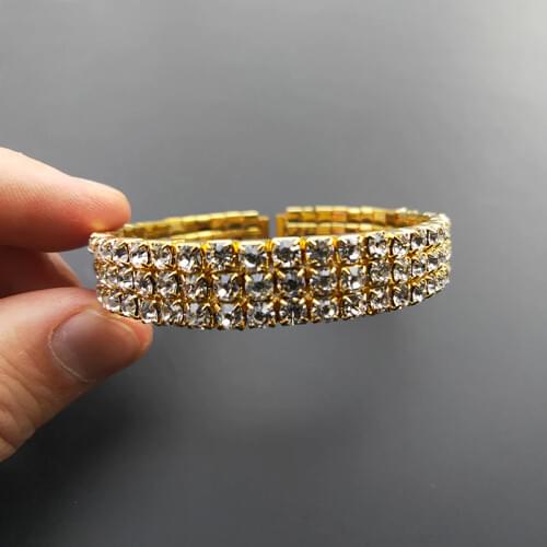 3 Rows Crystal Rhinestone Cuff Bangle Silver Plated and Gold Color Bridal Wedding Side Open Bangle Bracelets for Women