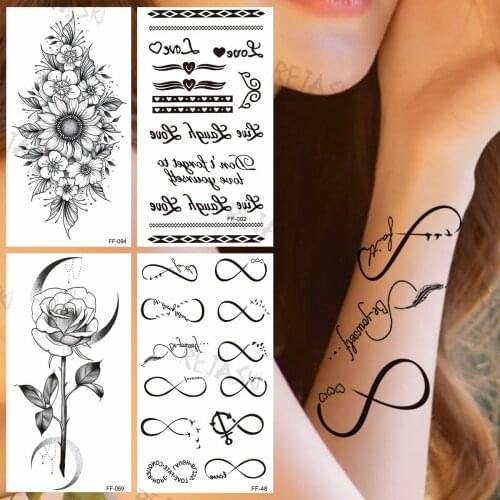 Black Infinity Temporary Tattoos For Women Girls Realistic Sun Flower Rose Letter Fake Tattoo Sticker Waterproof Arm Tatoos