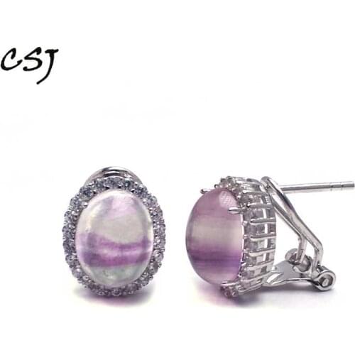 CSJ Natural Rainbow Fluorite Earring 925 Sterling Silver oval8*10mm Women and Lady Wedding Engagment Party Gift Box