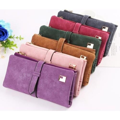 Long Purse Two Fold Women Wallets Drawstring Nubuck Leather Zipper Suede Wallet Ladies Clutch Bag