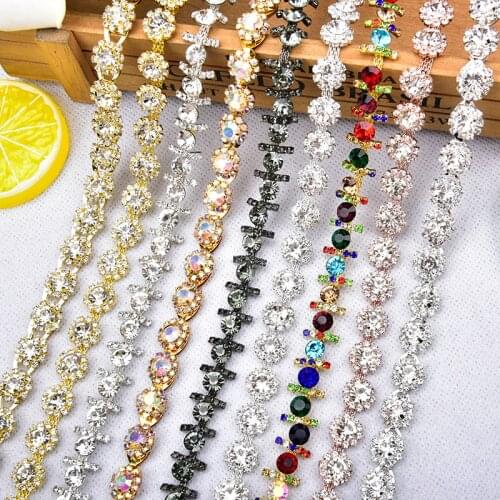 High Quality Glass Rhinestone Chain Clear And Crystal AB Trim Wedding Decoration Round Flower Banding Sew On DIY Accessories