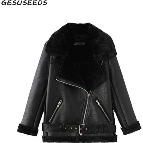Winter black PU faux leather jacket womens leather jacket with fur collar thick warm moto biker jacket women coat vintage