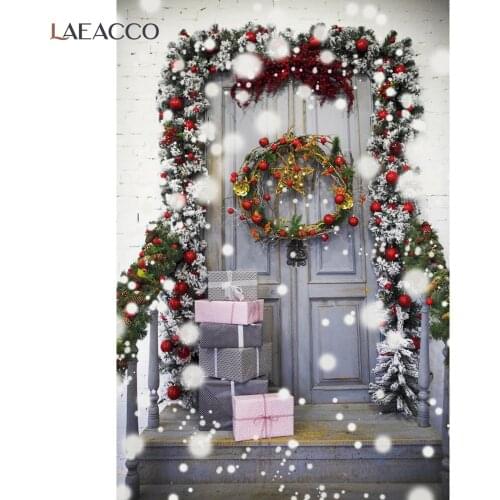 Laeacco Merry Christmas Door Outside Gifts Garland Snow Backgrounds Baby Child Poster Portrait Customized Photography Backdrops