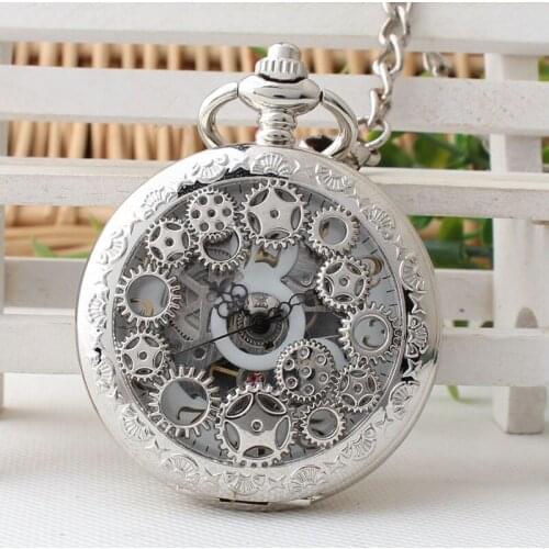 Double Opened Hollwed Silver Gear Skeleton Mechanical Roman Dial Pocket Watch with Chain Men Women Pocket Watches 10pcs/lot