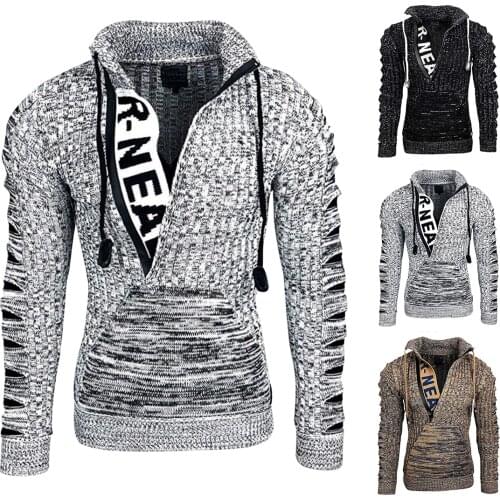 Mens Zipper Letter Knitted Pullover Jacket Designer Kangaroo Pocket Drawstring Sweater Mens Fashion Lapel Long Sleeve Jacket