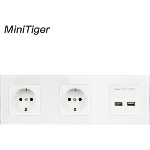 Minitiger Wall Crystal Glass Panel Double Socket 16A EU Electrical Outlet Dual USB Smart Charging Port 5V 2A Output White Color