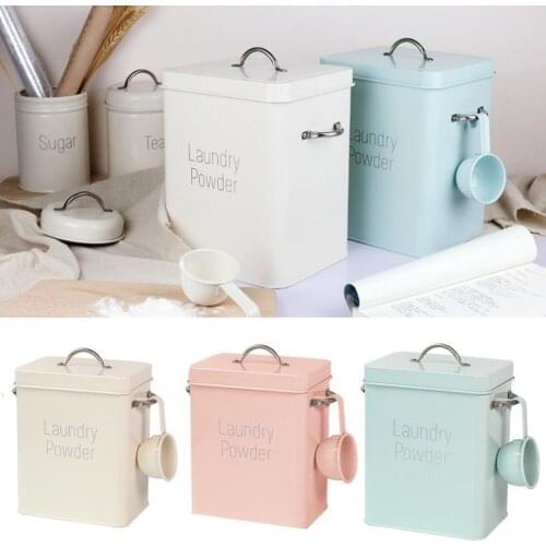 New Laundry Powder Food Storage Bucket with Airtight Lid Spoon Milky-white Cyan-blue Pink 20cm*16cm*11.7cm Living Room Garden