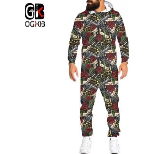 OGKB 3D Gun And Red Rose Print Loungewear Pajamas Unisex Loose Hooded Zip Open Sleepwear Onesies For Adult Jumpsuits Wholesale