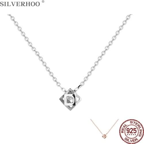 SILVERHOO 925 Sterling Silver Geometry Stereoscopic Box Pendant Necklaces For Women Clear Cubic Zirconia Necklace Fine Jewelry
