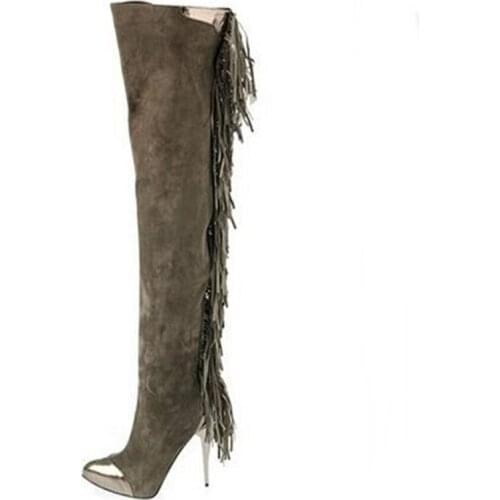 Sexy Women Fashion Tassel Shoes Over The Knee Faux Suede Pointed Toe Fringed Boots European Sequined Toe Thigh High Long Boots