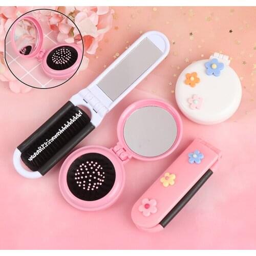 Portable Round Pocket Small Size Travel Massage Folding Comb Girl Hair Brush With Mirror Styling Tools 4 Colors