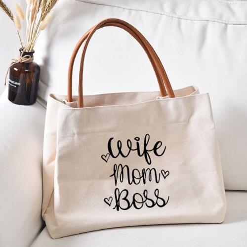 Wife Mom Boss Women Lady Casual Canvas Bag Large Capacity Handbag Shoulder Bags Tote Shopping Bag